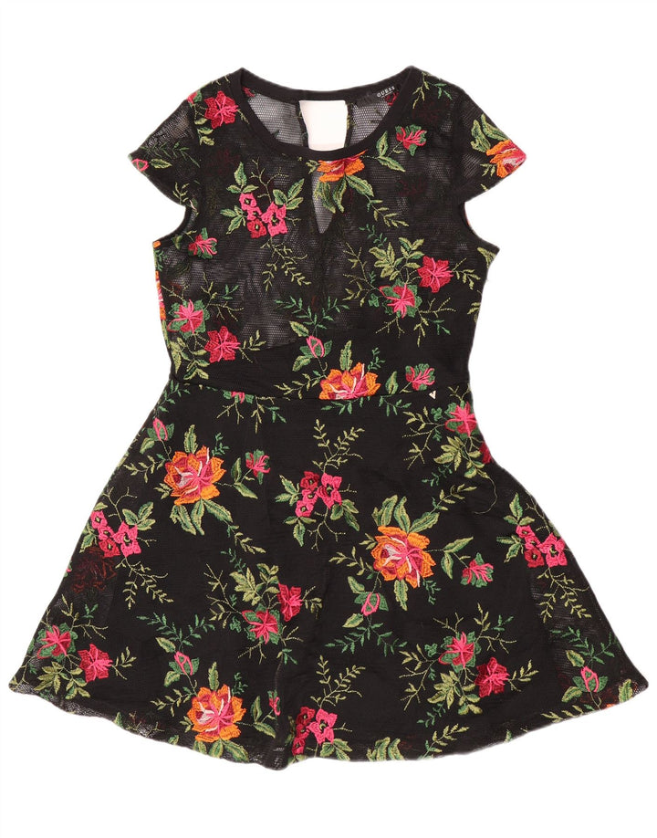 Guess Vestido feminino transparente evasê UK 8 pequeno preto floral poliéster