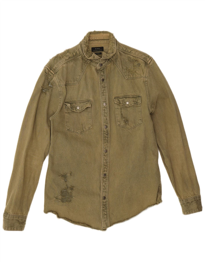 Camisa jeans masculina Zara com ajuste relaxado e desgastado de algodão cáqui médio