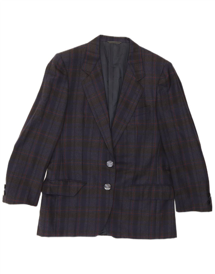 Aquascutum Jaqueta Blazer Feminina com 2 Botões Reino Unido 14 Médio Azul Marinho Xadrez