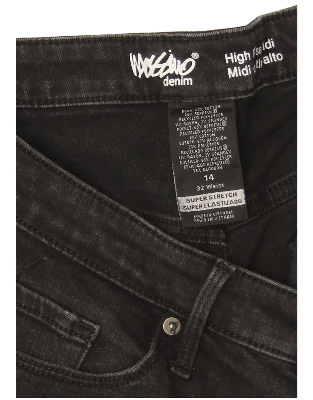 Shorts jeans feminino de cintura alta Mossimo EUA 14 grande W32 algodão preto