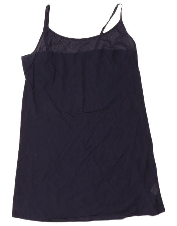 Vestido deslizante feminino vintage Reino Unido 10 pequeno algodão azul marinho