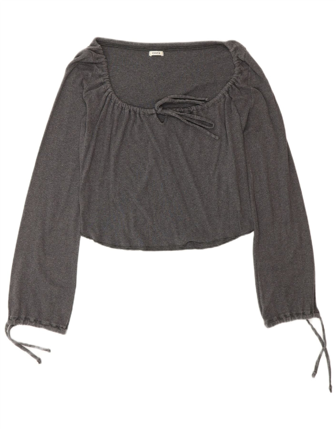 Top feminino Onyx com gravata frontal e manga comprida Reino Unido 12 algodão cinza médio