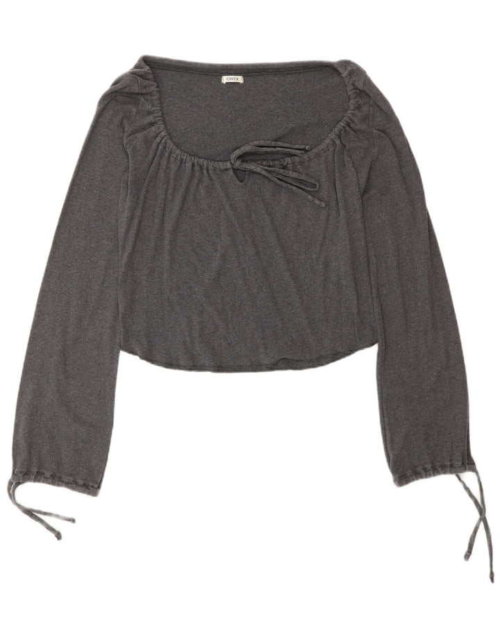 Top feminino Onyx com gravata frontal e manga comprida Reino Unido 12 algodão cinza médio