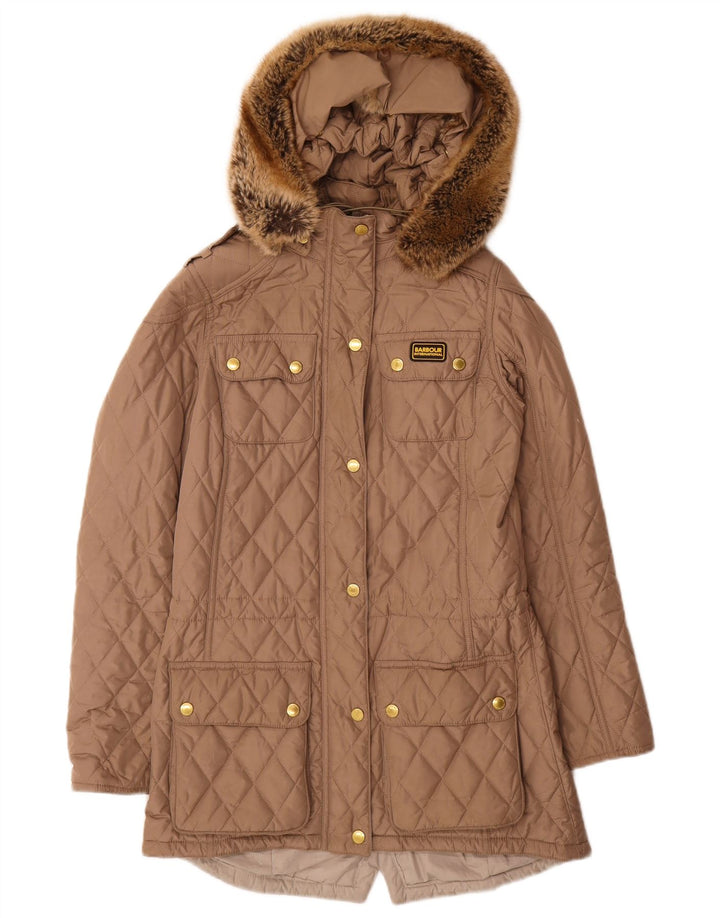 Sobretudo feminino acolchoado com capuz BARBOUR UK 8 pequeno poliéster bege