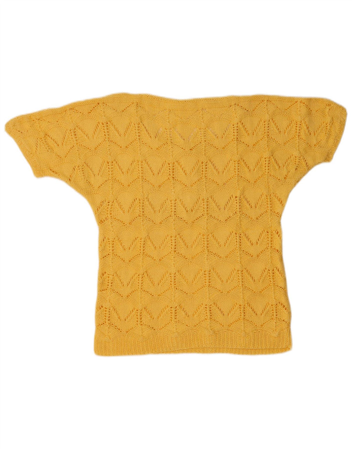 Suéter feminino vintage de manga curta com botão e pescoço Reino Unido 14 amarelo médio