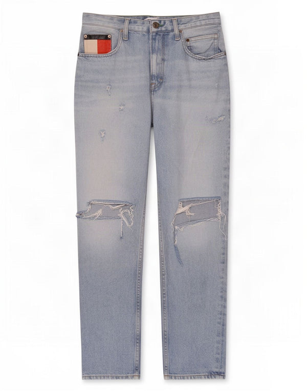 Jeans Tommy Hilfiger feminino desgastado cônico W29 L27 algodão azul