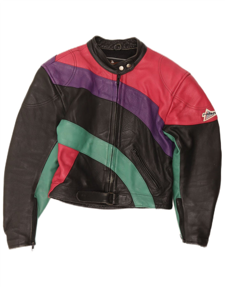 Jaqueta feminina ROLEFF UK 14 grande preta colorida em couro para motocicleta