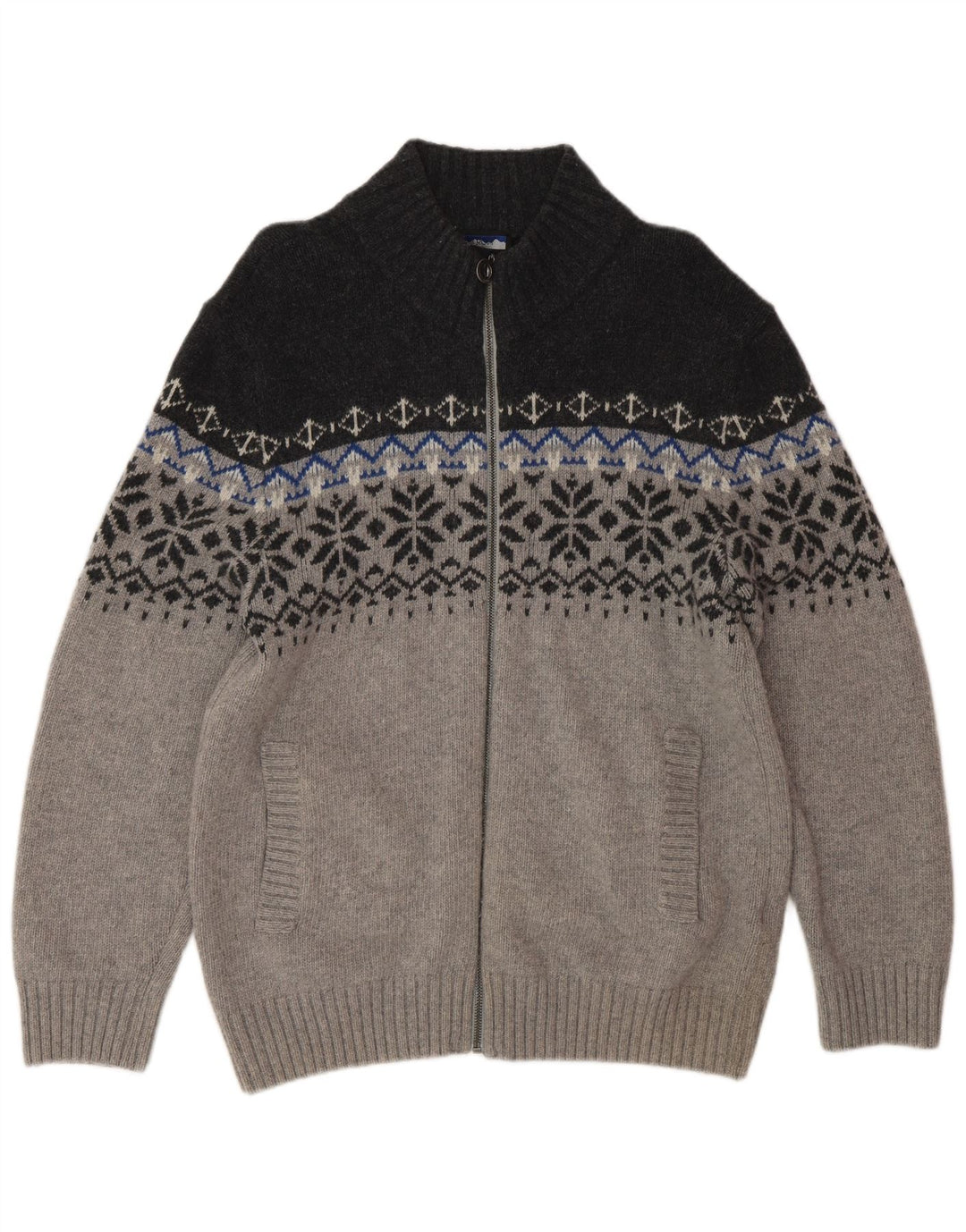 Suéter masculino NORTH ROUTE com zíper e gola grande cinza Fair Isle