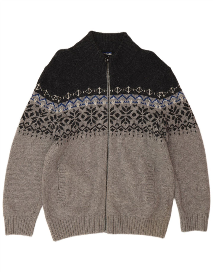 Suéter masculino NORTH ROUTE com zíper e gola grande cinza Fair Isle