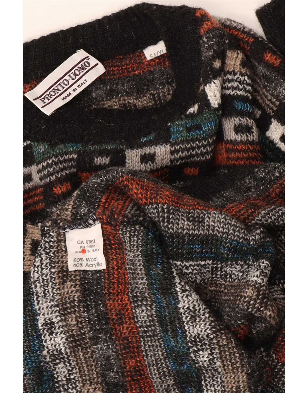 Suéter vintage masculino com gola redonda IT 54 XL lã geométrica multicolorida