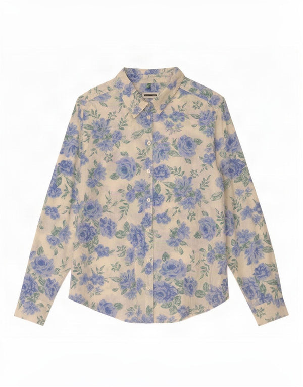 Camisa feminina Benetton UK 14 médio branco floral