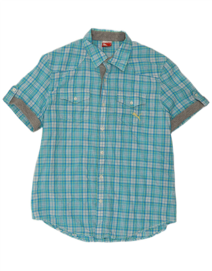 Camisa masculina Puma de manga curta grande algodão xadrez azul