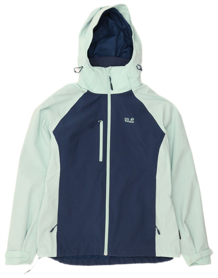 Jaqueta de chuva feminina com capuz Jack Wolfskin Reino Unido 10/12 bloco colorido azul médio