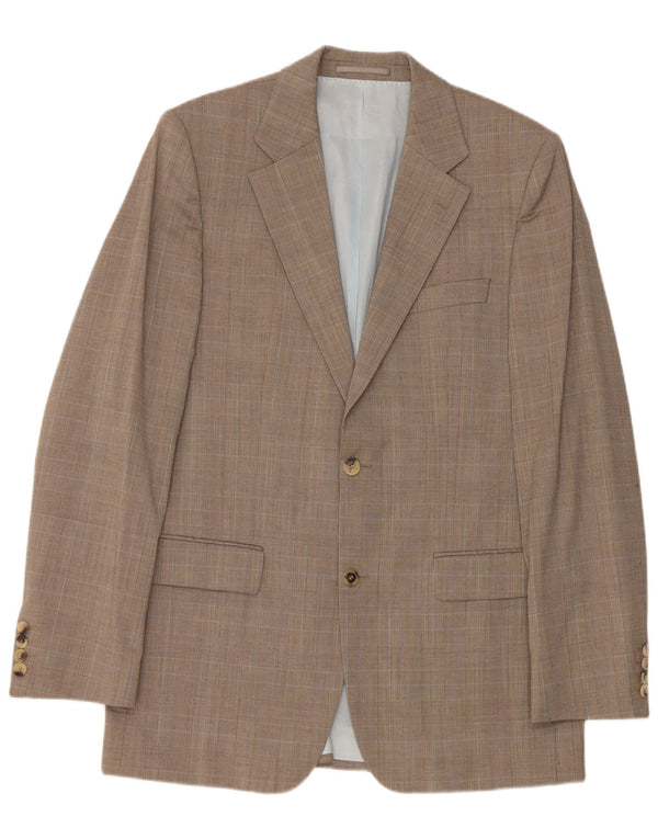 Jaqueta blazer masculina de 2 botões Hugo Boss EU 48 lã virgem xadrez marrom médio