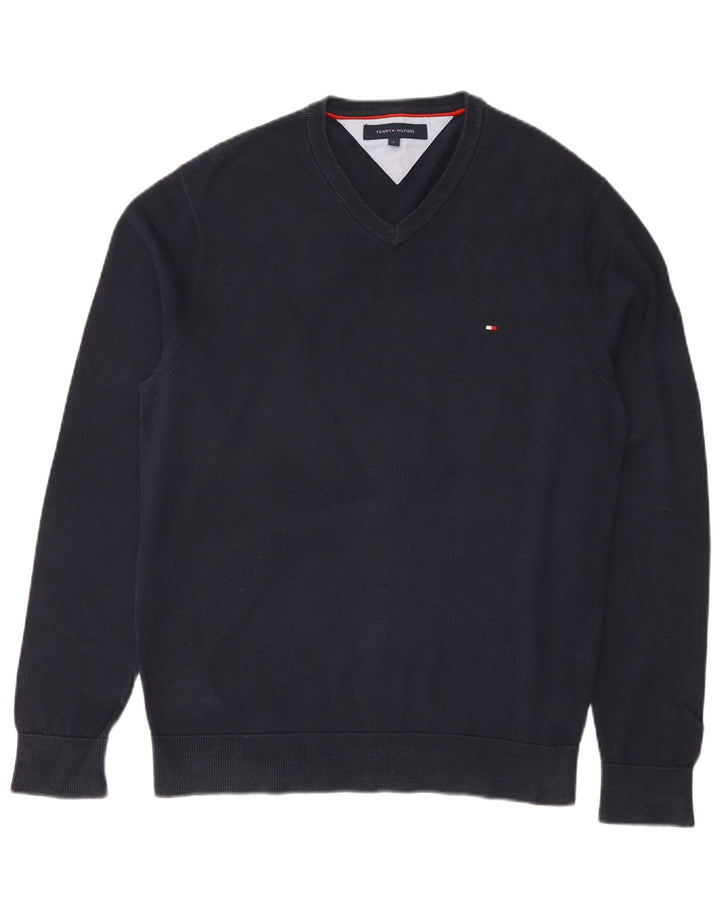 Suéter masculino Tommy Hilfiger regular fit com decote em V grande azul marinho
