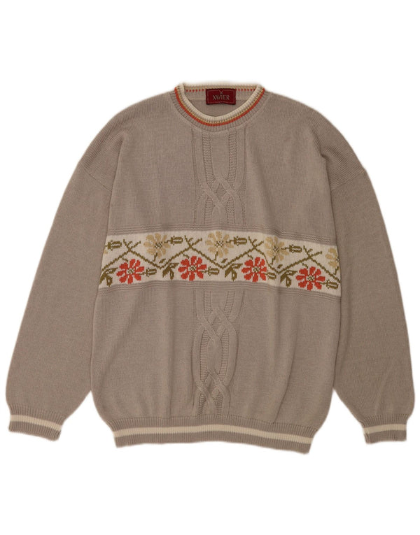 Suéter vintage masculino com gola redonda XL algodão floral cinza