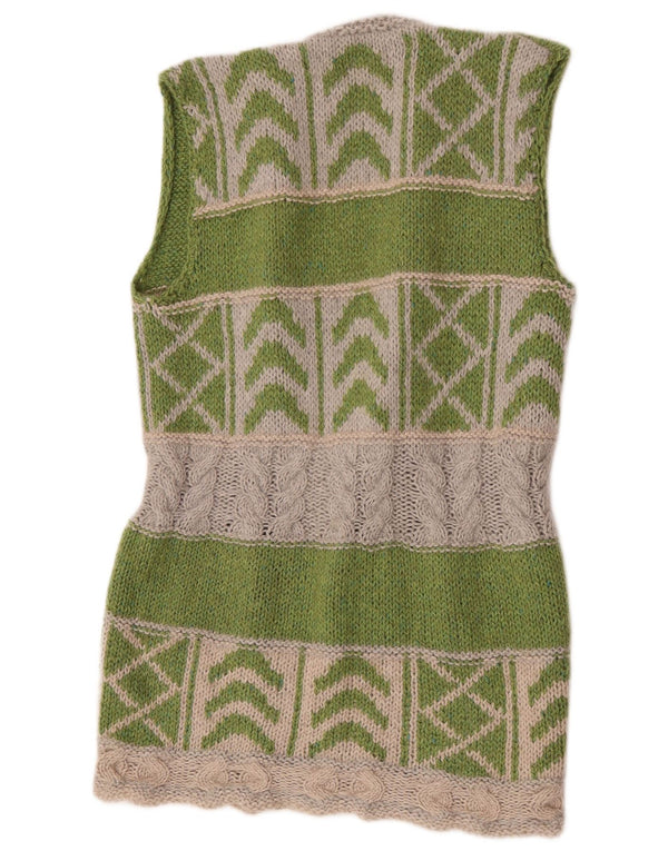 Suéter cardigã feminino vintage com palangre UK 12 bloco colorido verde médio