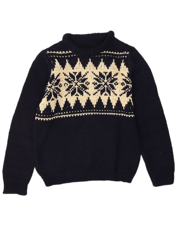VINTAGE Womens Crew Neck Jumper Sweater UK 16 Large Navy Blue Fair Isle