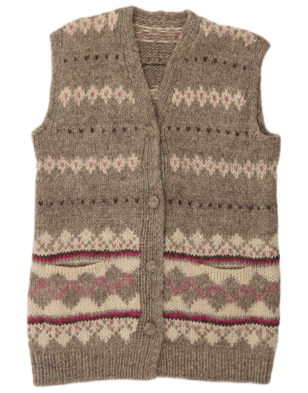 Suéter cardigã feminino vintage com palangre Reino Unido 16 grande bege Fair Isle