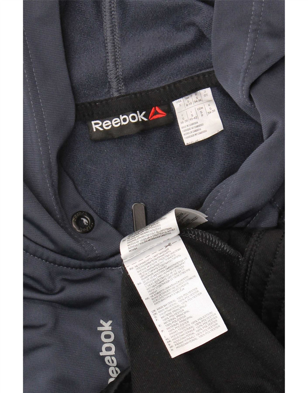 Suéter Reebok feminino com capuz e zíper UK 8/10 pequeno cinza colorblock poliéster