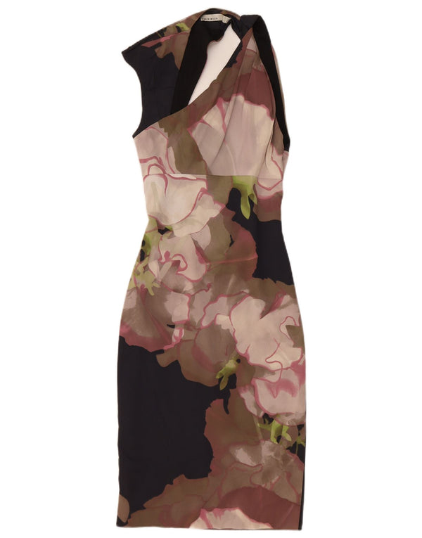 Vestido halter feminino Karen Millen Reino Unido 6 XS preto floral acetato
