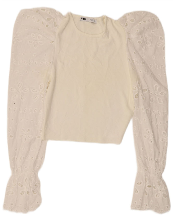 Zara Womens Crop Top Manga Longa Reino Unido 8 Pequeno Floral Branco