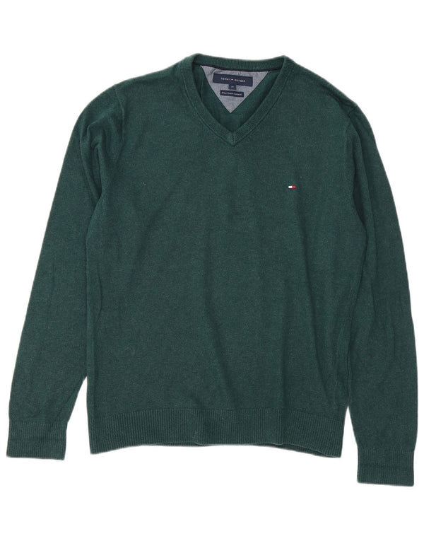 Tommy Hilfiger Suéter masculino com decote em V de algodão verde médio