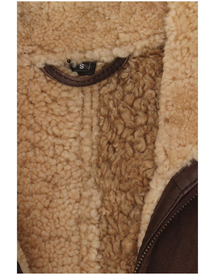 Jaqueta vintage masculina folgada em shearling Reino Unido 36 pequena marrom
