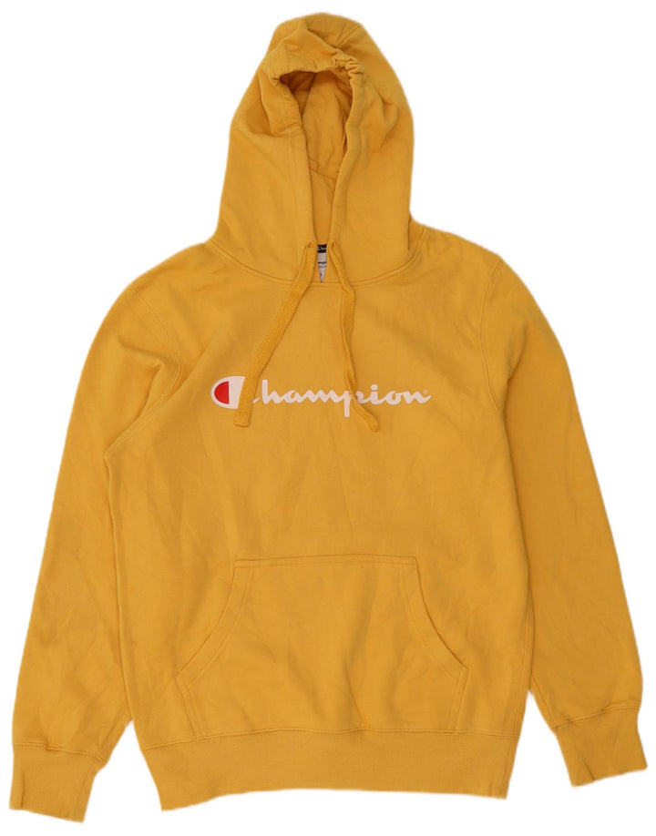 CHAMPION Suéter com capuz gráfico masculino pequeno amarelo