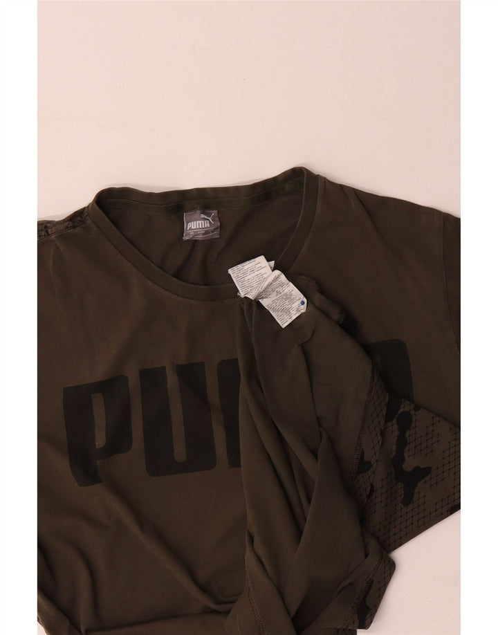 Camiseta masculina PUMA com estampa gráfica grande algodão camuflado cáqui