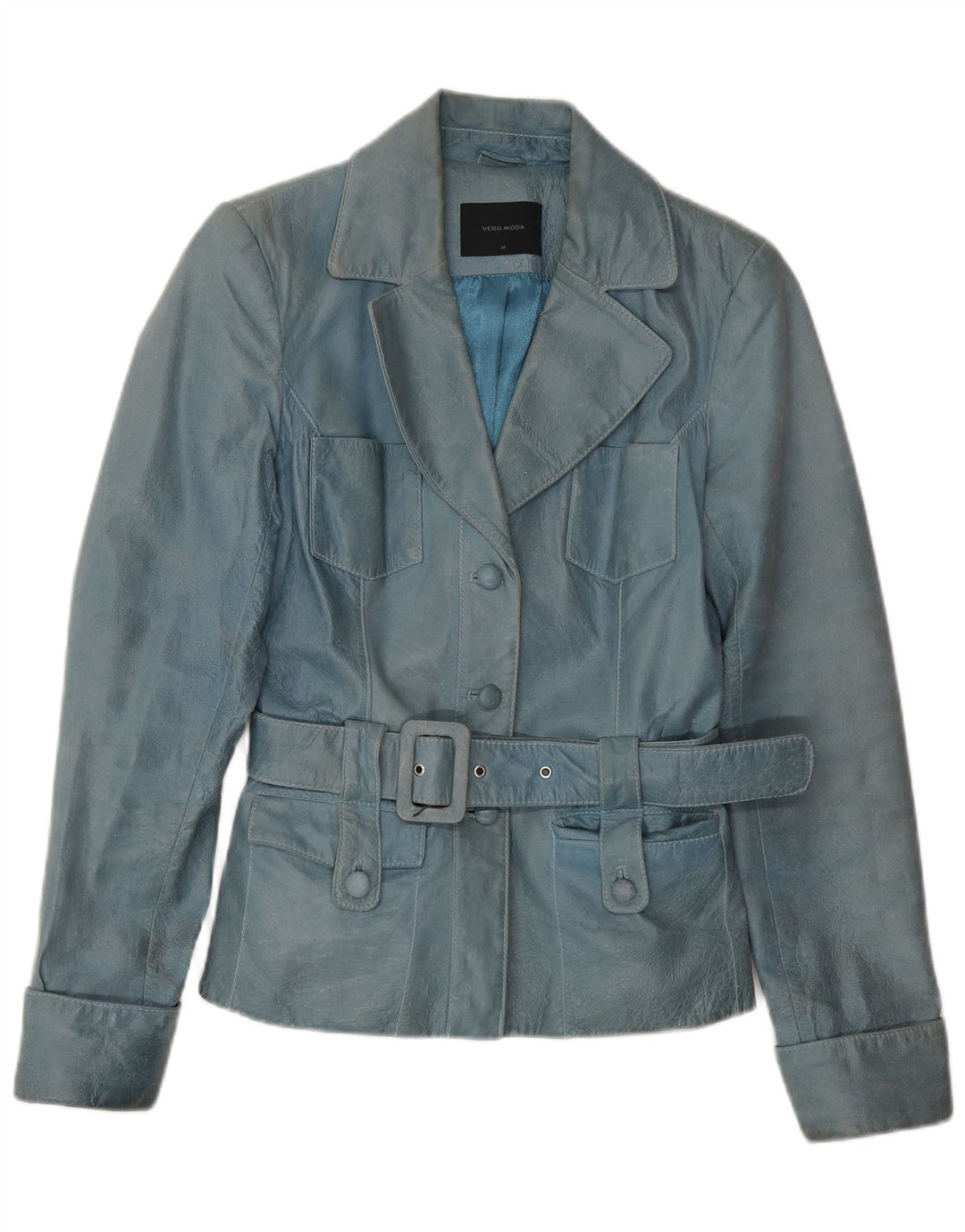 Jaqueta de couro feminina VINTAGE UK 12 azul médio