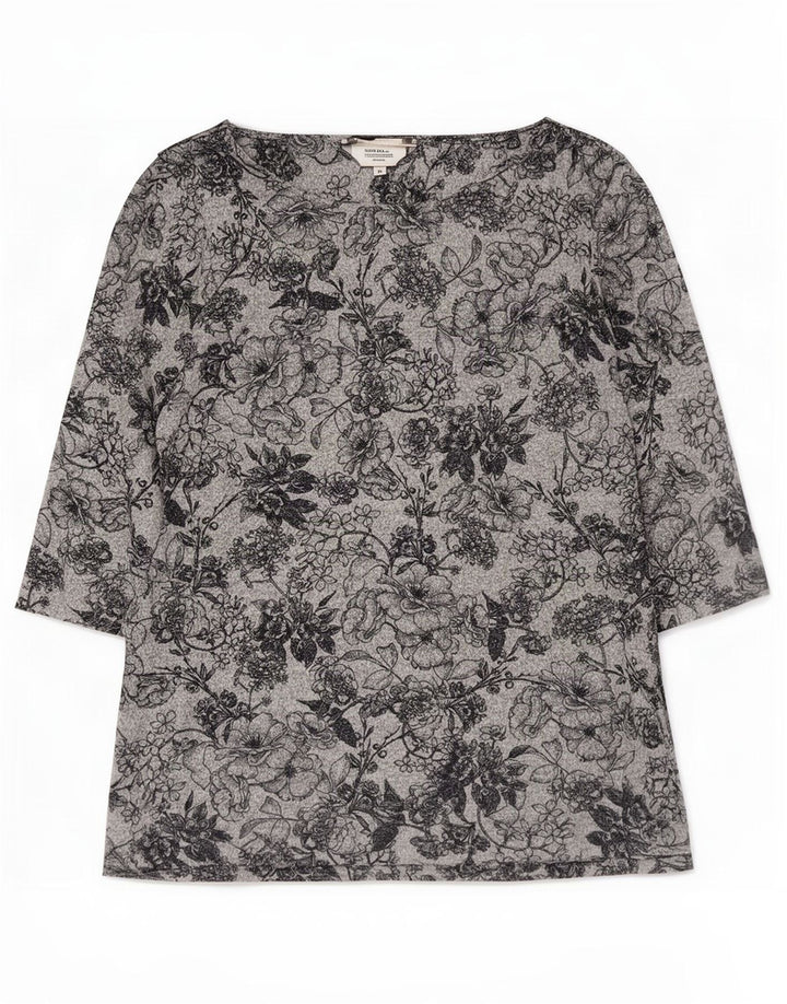 Top feminino Marks & Spencer manga 3/4 Reino Unido 16 grande poliéster floral cinza
