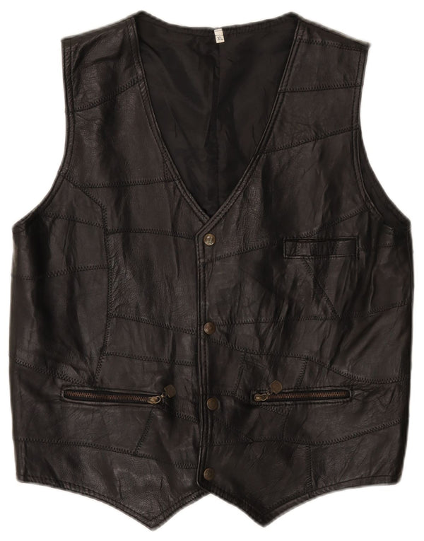Vintage Mens Leather Waistcoat XL Black Patchwork