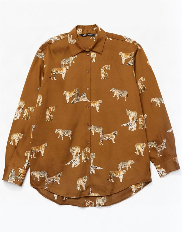 Zara Blusa feminina oversized Reino Unido 10 pequena bege estampa animal poliéster