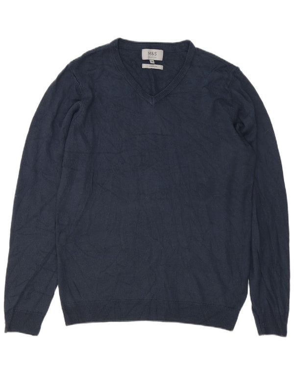 Suéter masculino Marks & Spencer com decote em V, caxemira azul marinho médio
