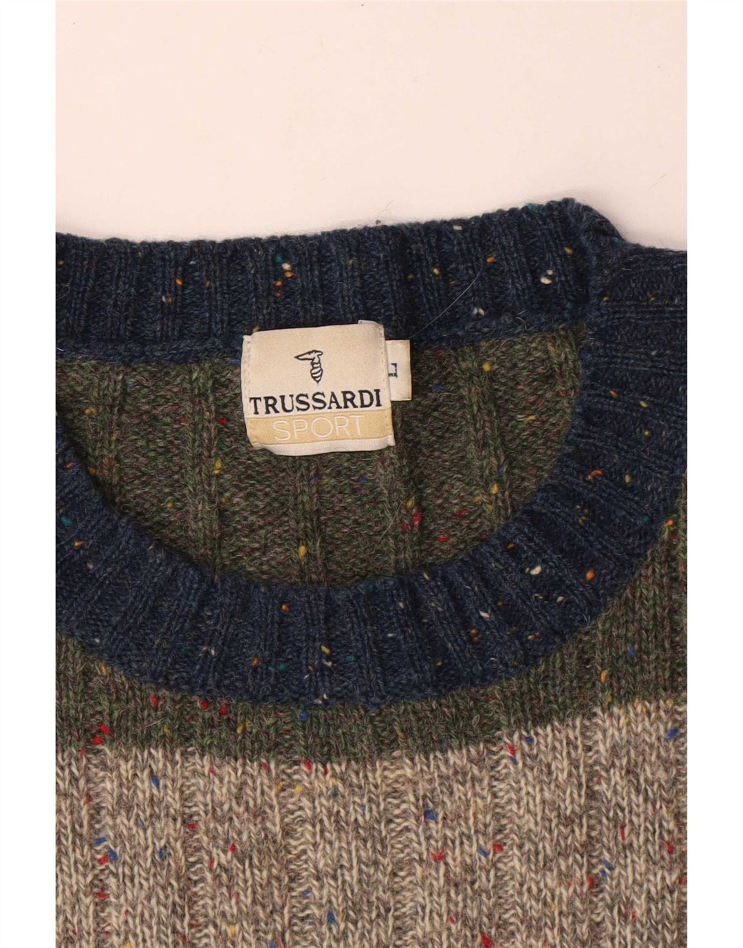 Trussardi Suéter masculino com gola redonda, grande lã listrada multicolorida