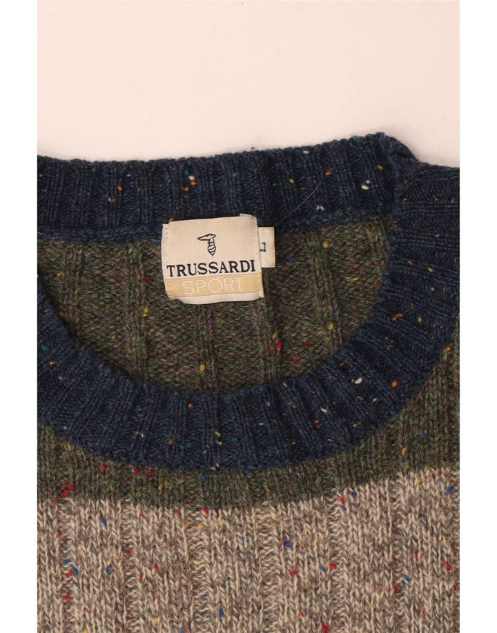 Trussardi Suéter masculino com gola redonda, grande lã listrada multicolorida
