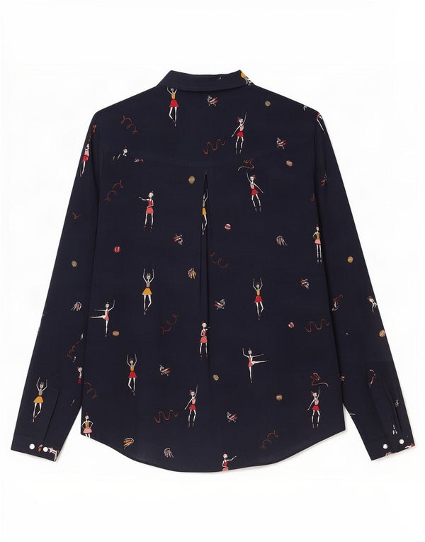 Blusa feminina Zara com estampa gráfica Reino Unido 6 XS azul marinho viscose