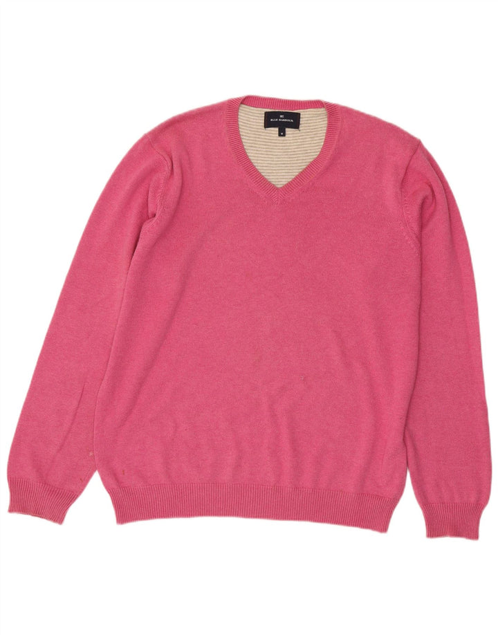 Suéter masculino Marks & Spencer com decote em V de algodão rosa médio