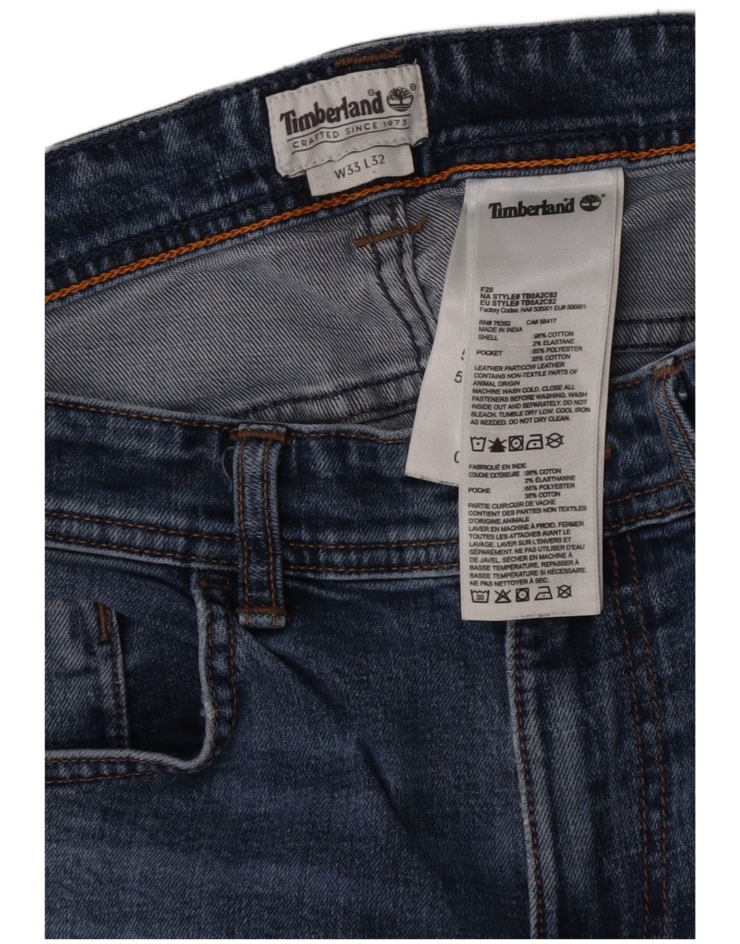 Timberland Mens Slim Jeans W33 L32 Azul Algodão