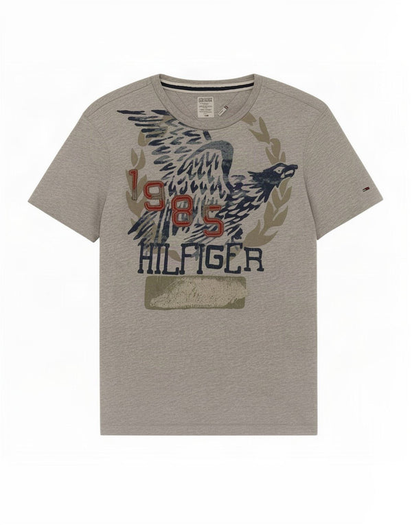 Tommy Hilfiger Camiseta masculina gráfica Top algodão manchado cinza médio