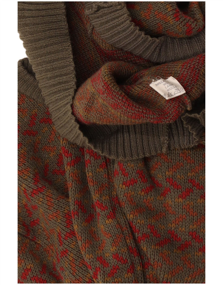 Suéter masculino vintage com gola redonda, lã geométrica cáqui média