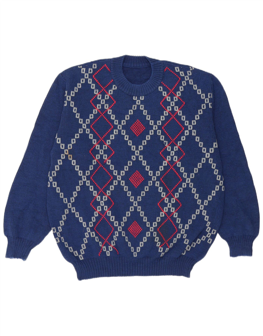 Suéter vintage masculino com gola redonda grande azul Argyle/Diamante