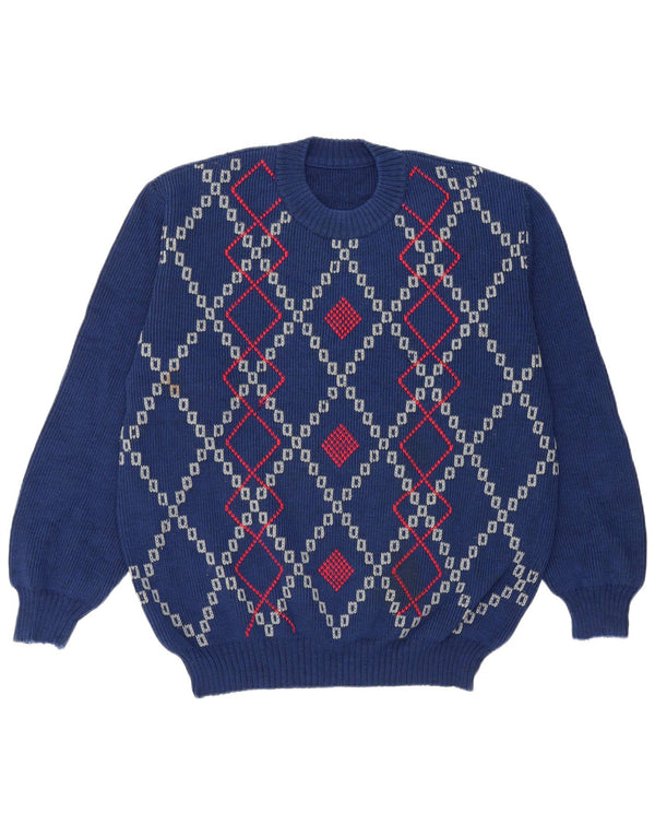 Suéter vintage masculino com gola redonda grande azul Argyle/Diamante