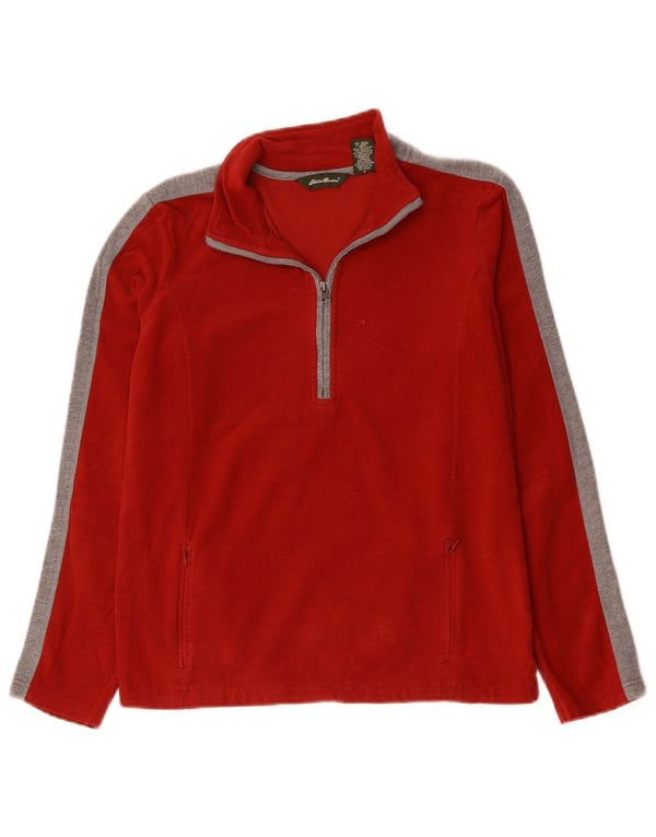 Jumper de lã feminino Eddie Bauer com gola e zíper UK 10 pequeno bloco colorido vermelho