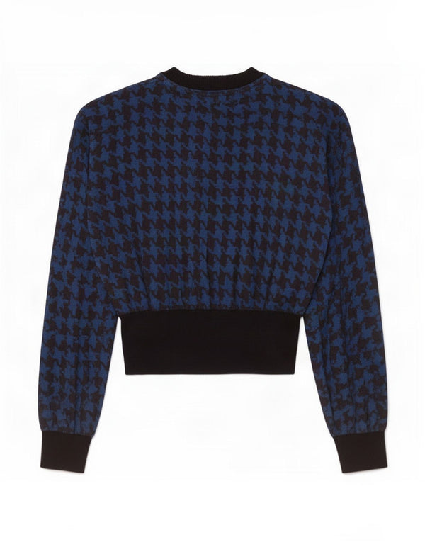 Blusa feminina vintage de manga comprida UK 12 algodão houndstooth azul médio