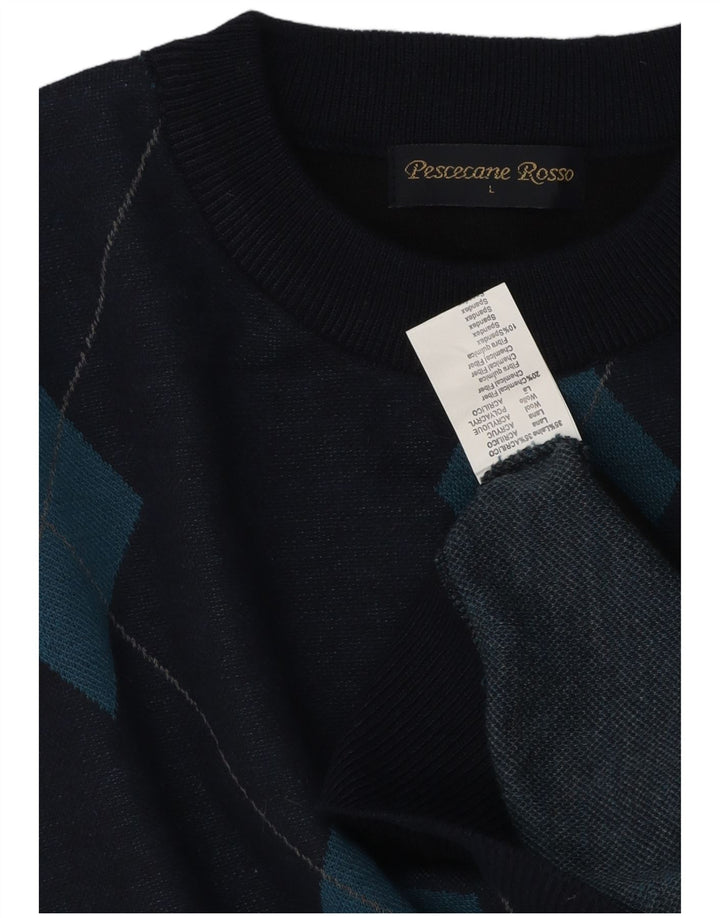 Suéter vintage masculino com gola redonda grande azul marinho argyle/lã diamante