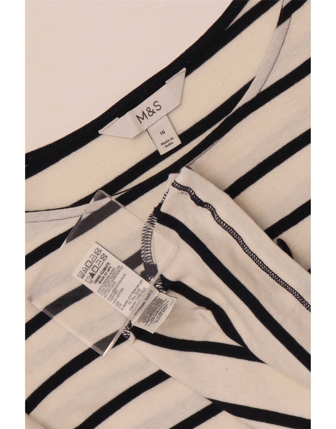 Top feminino Marks & Spencer manga 3/4 Reino Unido 16 grande algodão listrado branco