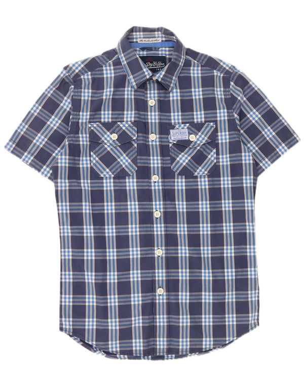 Camisa masculina de manga curta SUPERDRY pequena xadrez azul marinho de algodão