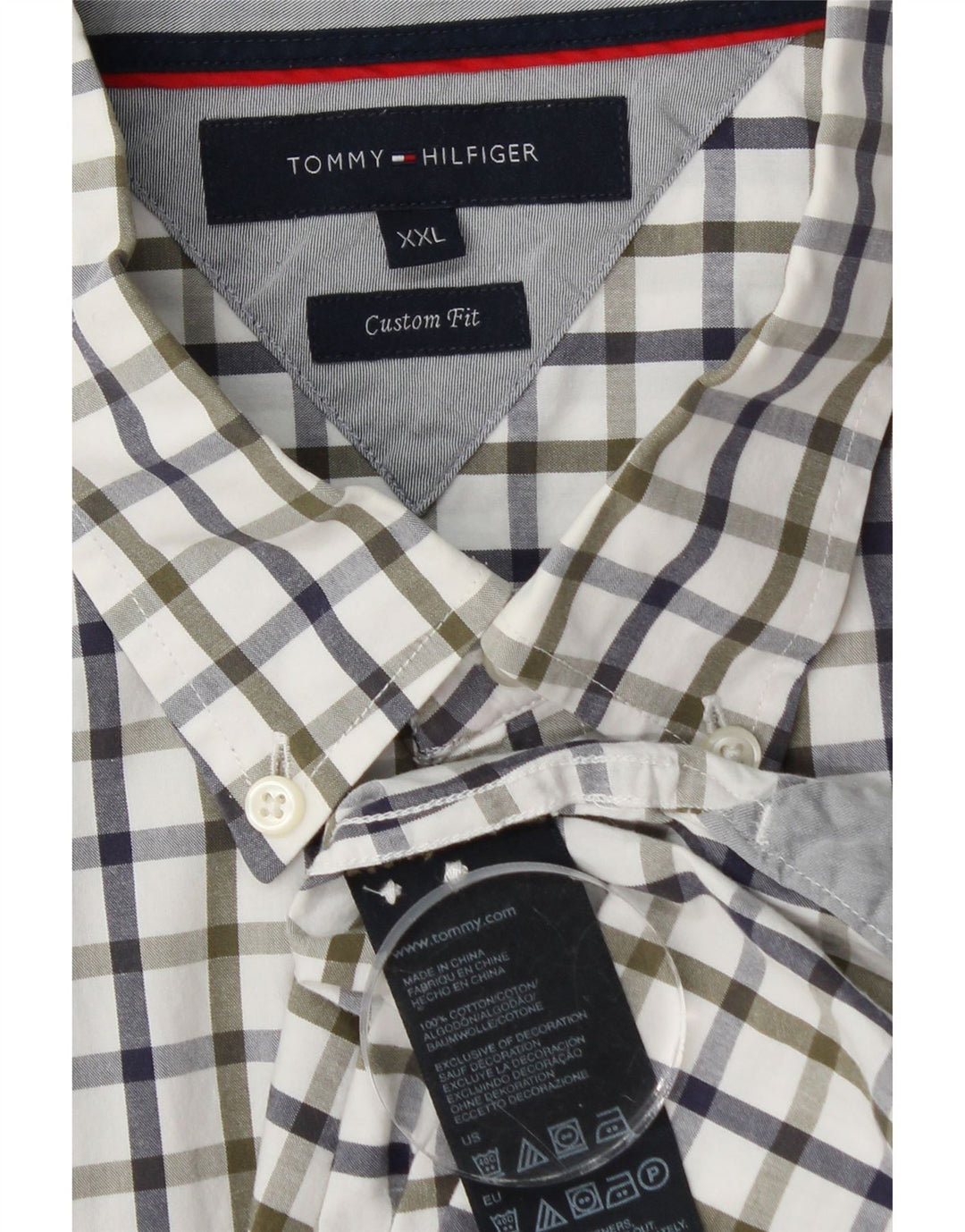 Tommy Hilfiger Camisa masculina de ajuste personalizado 2XL algodão guingão branco